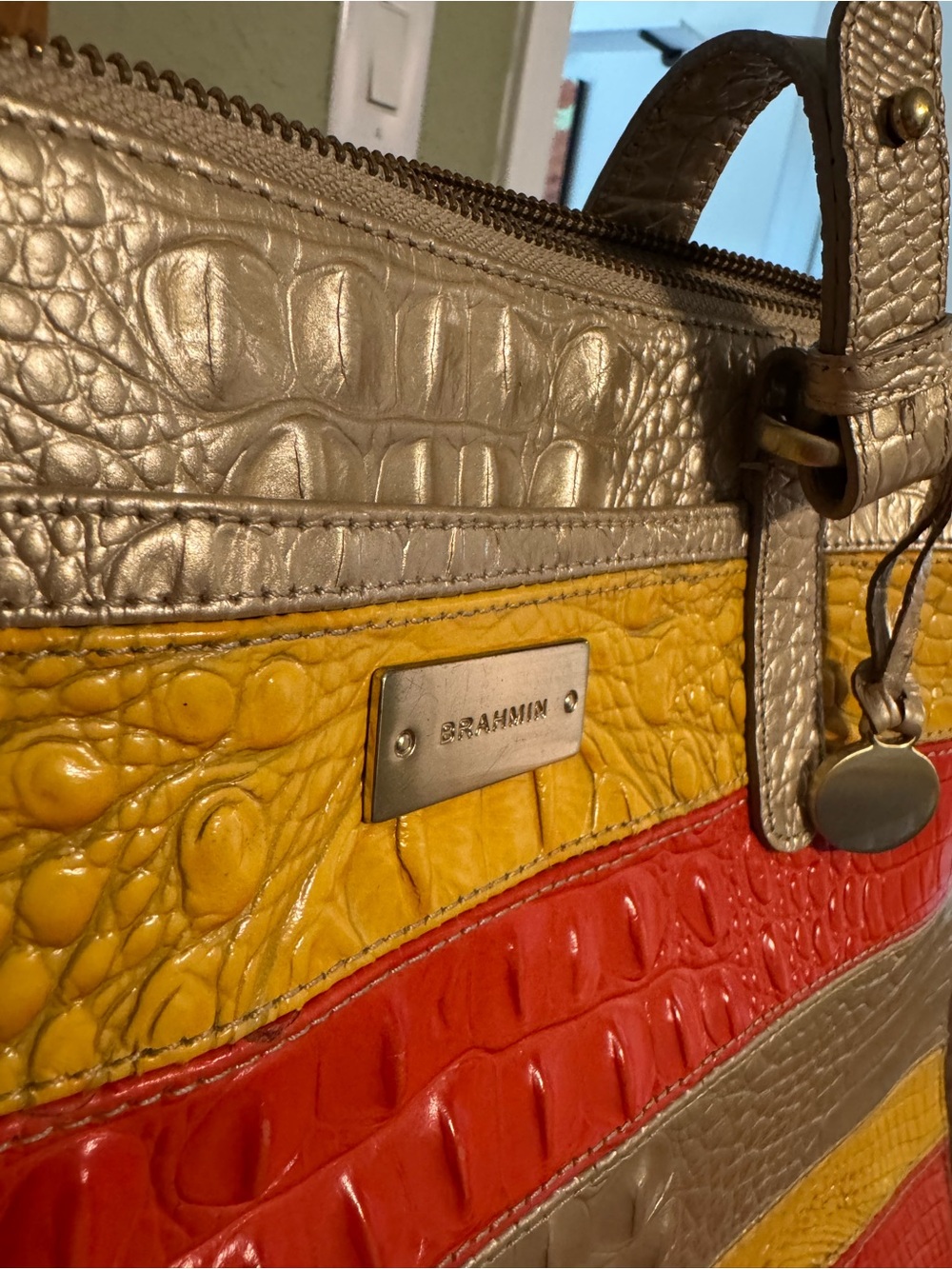 Brahmin Croc-Embossed Striped Bag in Red, Yellow & Taupe - Picture 3 of 11